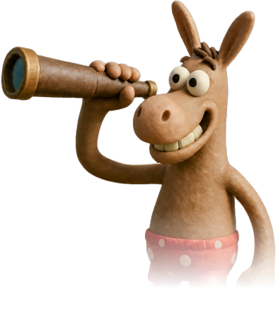 Freddy, Mad Fluent's claymation donkey mentor, looking through a telescope