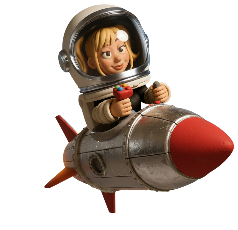 Jennie, Mad Fluent claymation character, riding a rocket