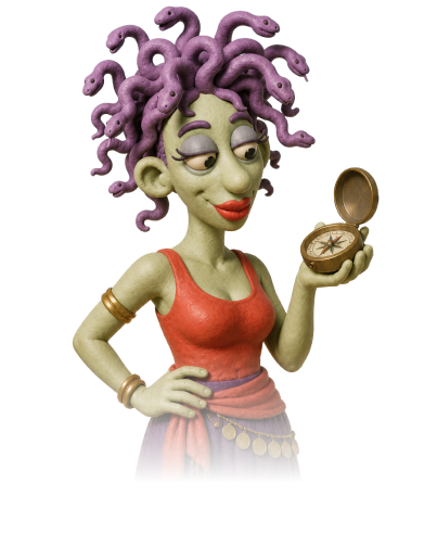 Pandora, the alien fortune-teller AI character, holding a compass